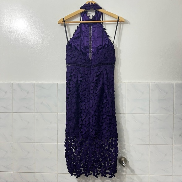Revolve Bardot XS Gemma Purple Halter Neck Lace Cocktail Event Midi Sheath Dress - Picture 6 of 10